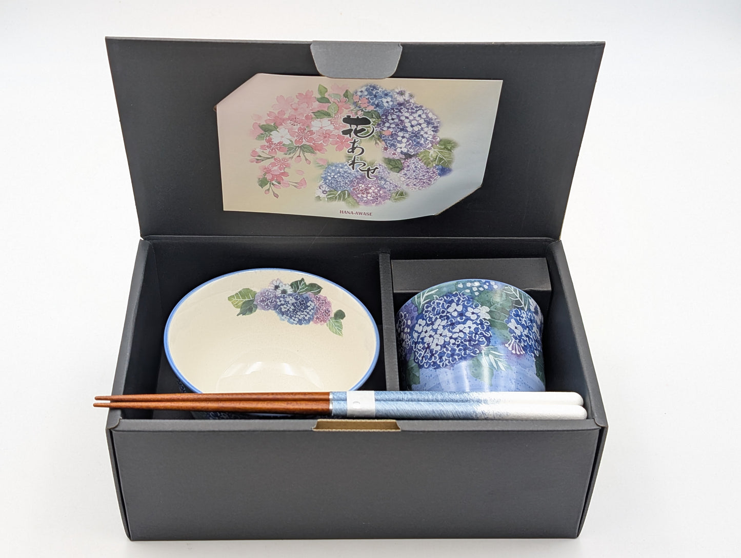 Set tazza, ciotola e bacchette (ortensie)